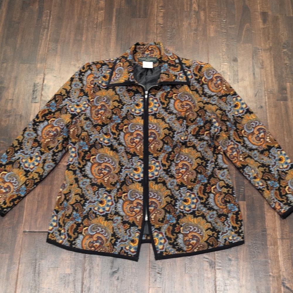 Harve Benard Paisley Print Zipper Jacket Blazer Women 16W Orange Blue Full Zip